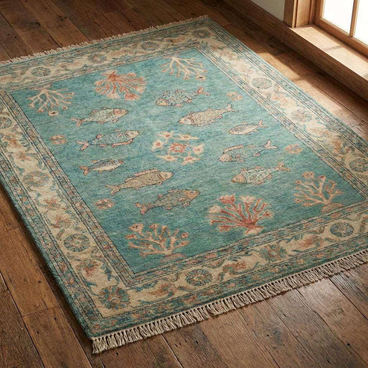 Translation missing: en.Persian Fish Motif Wool Area Rug, Hand Knotted Teal Artisan Carpet