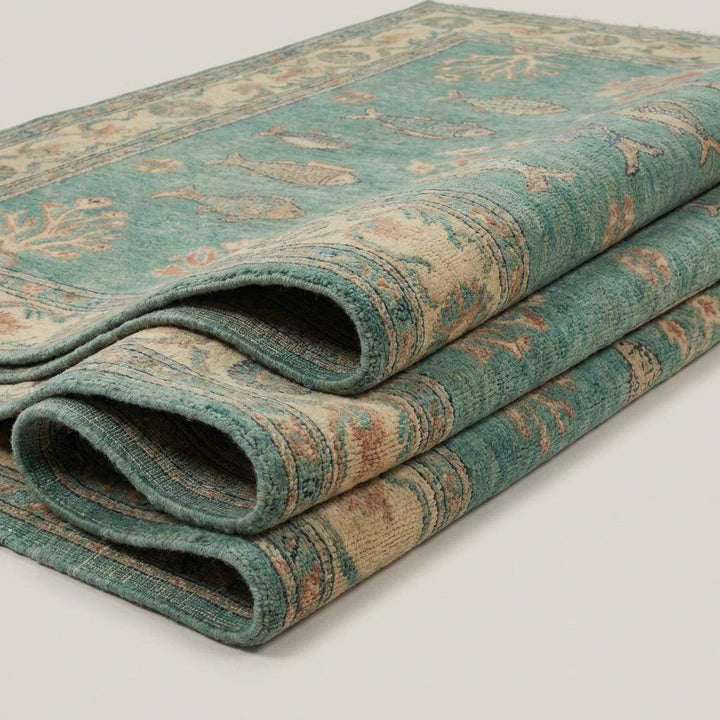 Translation missing: en.Persian Fish Motif Wool Area Rug, Hand Knotted Teal Artisan Carpet