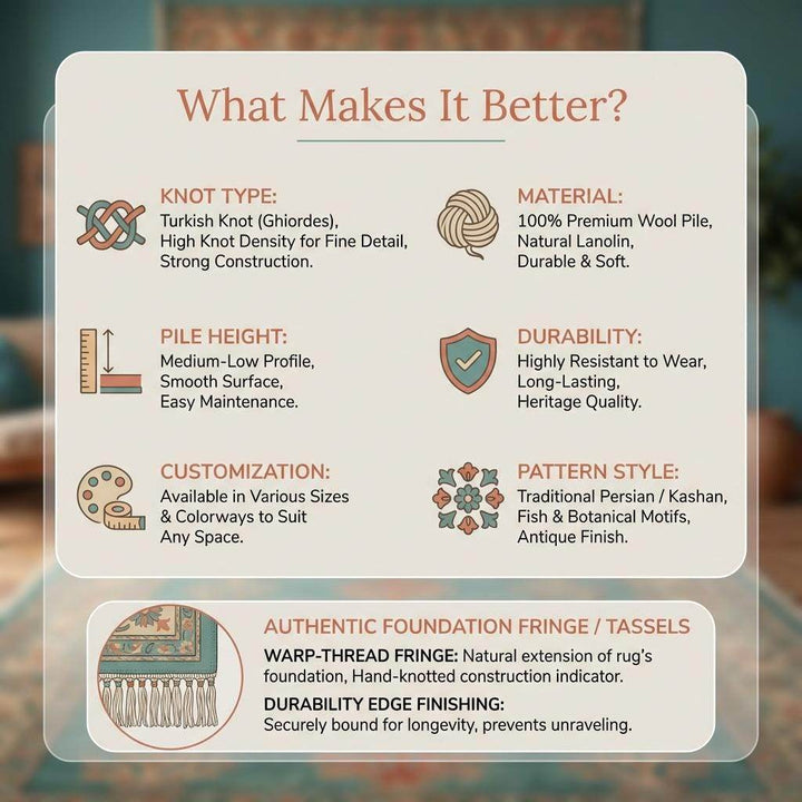 Translation missing: en.Persian Fish Motif Wool Area Rug, Hand Knotted Teal Artisan Carpet