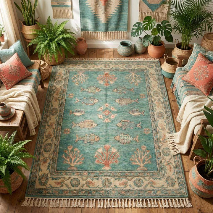 Translation missing: en.Pictorial fish design wool rug with traditional Persian inspired symbolism