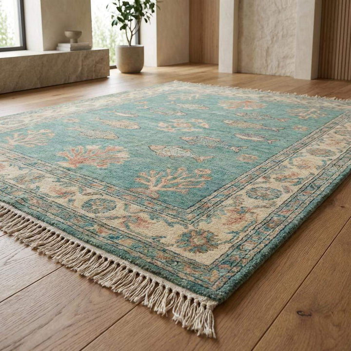 Translation missing: en.Persian Fish Motif Wool Area Rug, Hand Knotted Teal Artisan Carpet