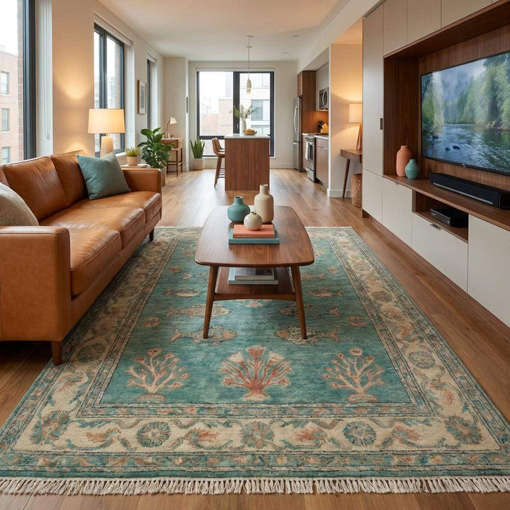 Translation missing: en.Artisan hand knotted area rug featuring coral and botanical motifs