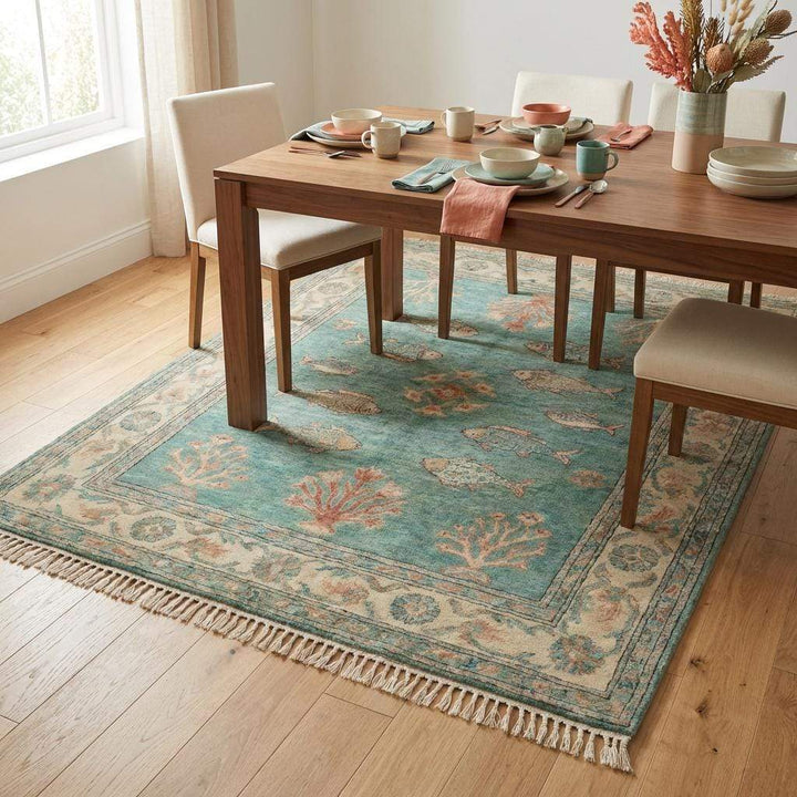 Translation missing: en.Persian Fish Motif Wool Area Rug, Hand Knotted Teal Artisan Carpet