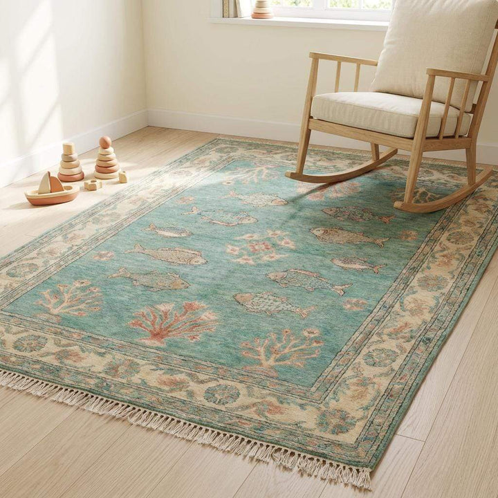 Translation missing: en.Traditional hand knotted wool carpet with symbolic fish pattern and bordered design