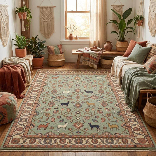Translation missing: es.Hand knotted traditional wool area rug styled in living room interior, warm earthy tones and heritage floral pattern centerpiece