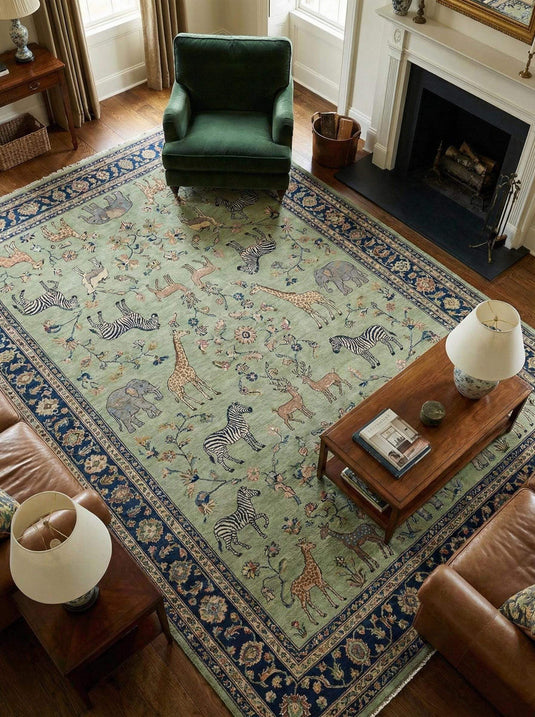 Translation missing: es.Hand-knotted Persian pictorial wool rug with intricate animal motif and floral details for durable, authentic area decor