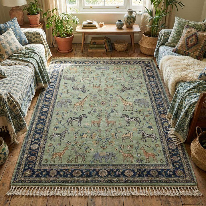 Translation missing: es.Traditional Persian pictorial rug with safari animals and floral vine details