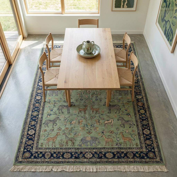 Translation missing: es.Artisan made hand knotted wool rug with narrative animal design