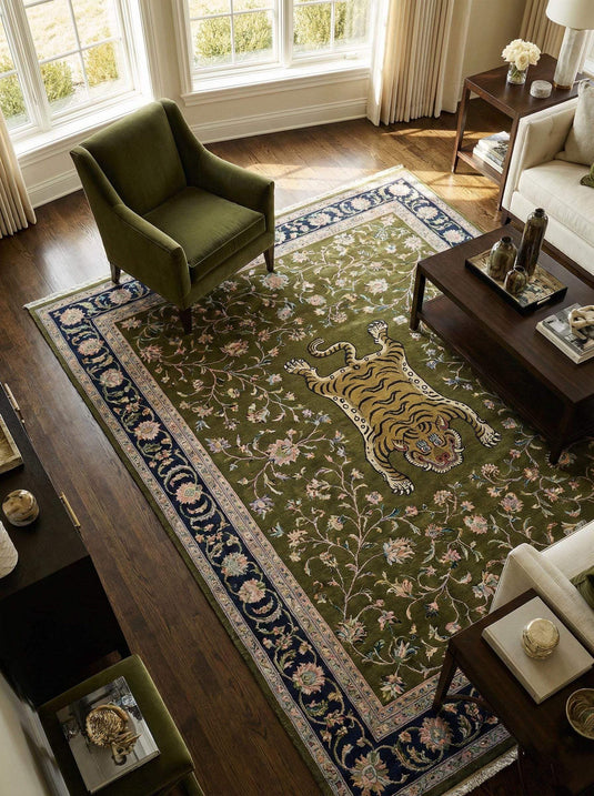 Translation missing: es.Hand-knotted Persian tiger floral wool area rug with intricate vine pattern and durable pile