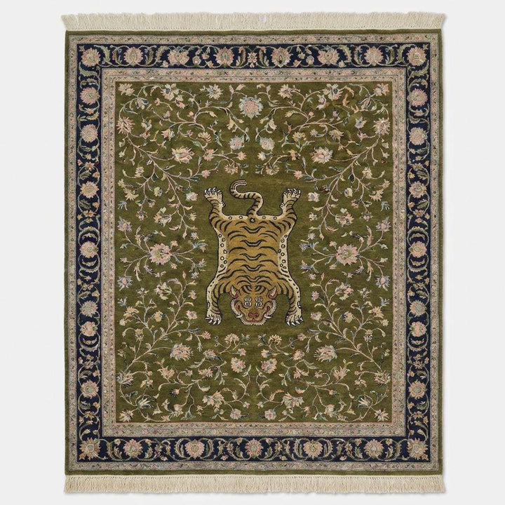 Translation missing: en.Traditional Persian tiger motif rug with navy floral border on wooden floor