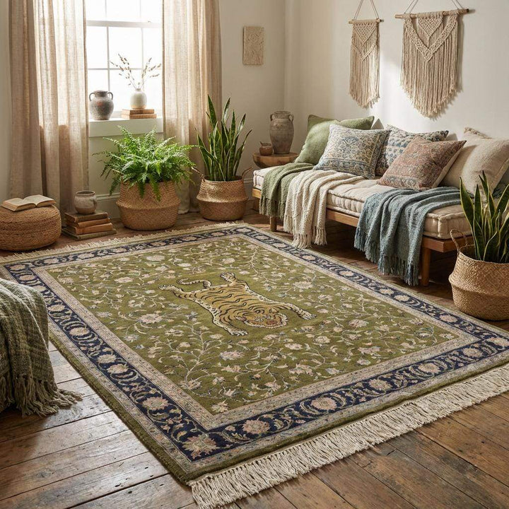 Translation missing: en.Olive green hand knotted area rug styled in classic living room setting