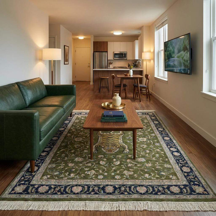Translation missing: en.Artisan wool Persian rug featuring floral vines and central tiger design