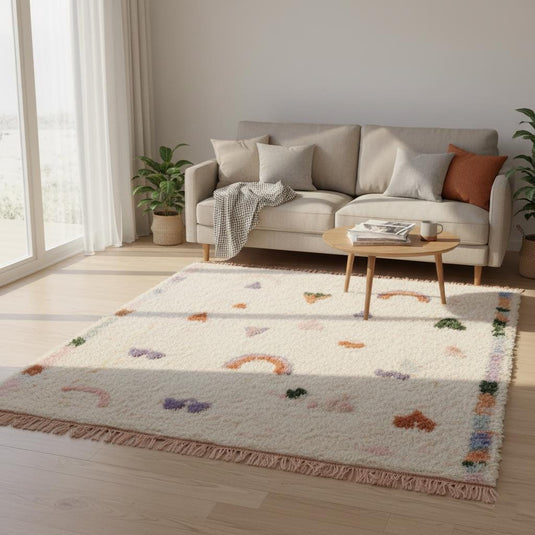 Translation missing: es.Soft high pile berber carpet in cream with multicolor abstract shapes, ideal for boho living rooms and playrooms
