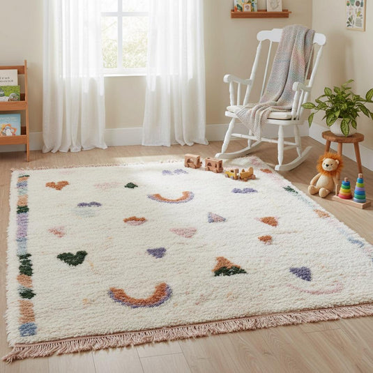 Translation missing: es.Large handmade tufted rug with tribal bohemian patterns in muted colors, cozy wool carpet for home interiors
