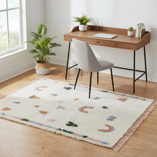 Translation missing: es.Cream boho rug with purple, green, peach and terracotta shapes, thick soft wool carpet perfect for babies and small children