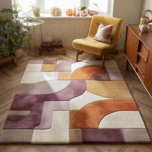 Translation missing: es.Abstract area rug with hand tufted geometric design in plum ochre and retro color blocks