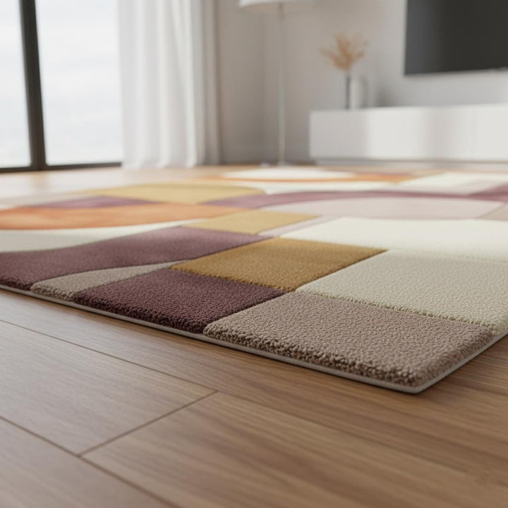 Translation missing: en.Abstract area rug with hand tufted geometric design in mauve, lilac, peach, terracotta, mustard, and cream tones