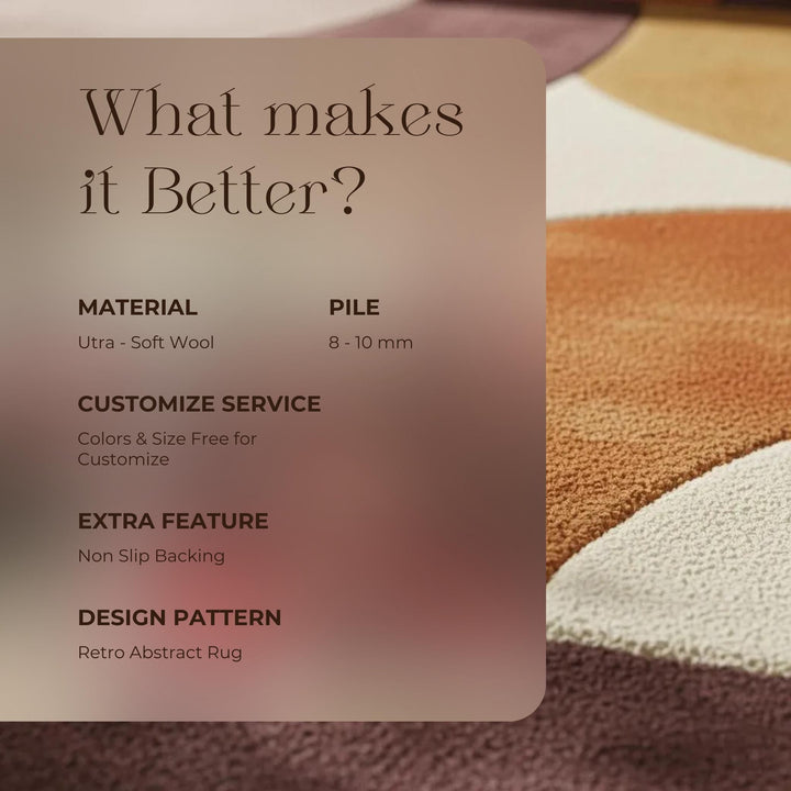 Translation missing: en.Hand tufted abstract area rug with retro geometric design in mauve, lilac, peach, terracotta, mustard, and cream tones made of plush wool