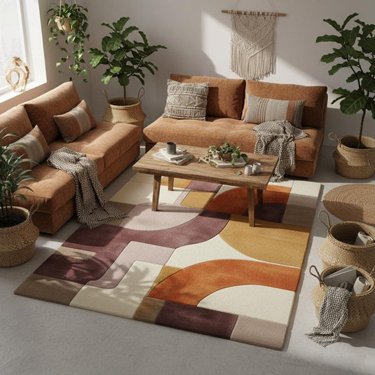 Translation missing: es.Plush hand tufted abstract area rug with geometric retro color blocks in mauve, lilac, peach, terracotta, mustard, and cream tones