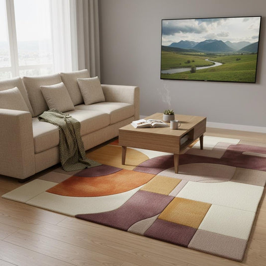 Translation missing: es.Hand tufted abstract area rug in mauve, lilac, peach, terracotta, mustard, and cream geometric pattern with plush wool pile