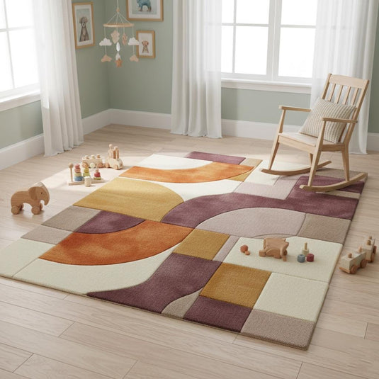 Translation missing: es.Plush hand tufted abstract area rug with retro geometric design in mauve, lilac, peach, terracotta, mustard, and cream tones