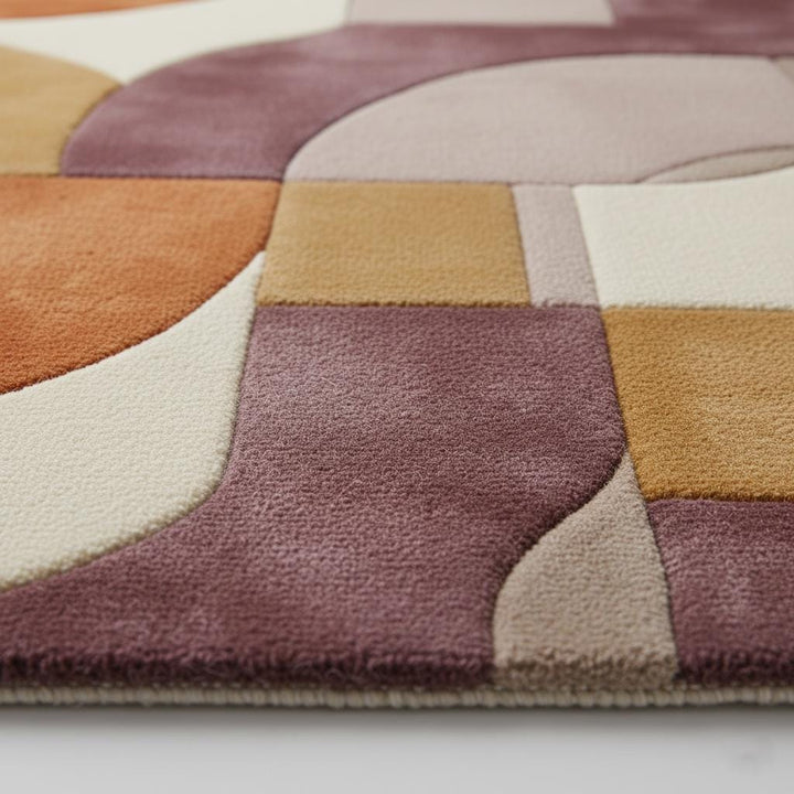 Translation missing: en.Plum ochre abstract area rug with hand tufted geometric retro design in mauve, lilac, peach, terracotta, mustard, and cream tones
