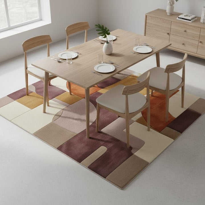 Translation missing: en.Plush hand tufted abstract area rug with geometric retro color blocks in mauve, lilac, peach, terracotta, mustard, and cream tones