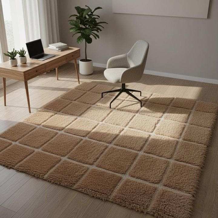 Translation missing: es.Plush Moroccan Shag Rug – Beige Cream Checkered Area Rug