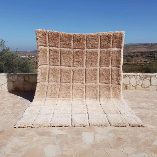 Translation missing: es.Beige cream plush Moroccan shag rug with checkered grid pattern for cozy modern interiors