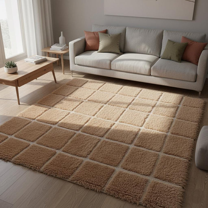 Translation missing: es.Plush cream and beige fluffy rug with grid design, thick soft area rug perfect for cozy living room or bedroom styling