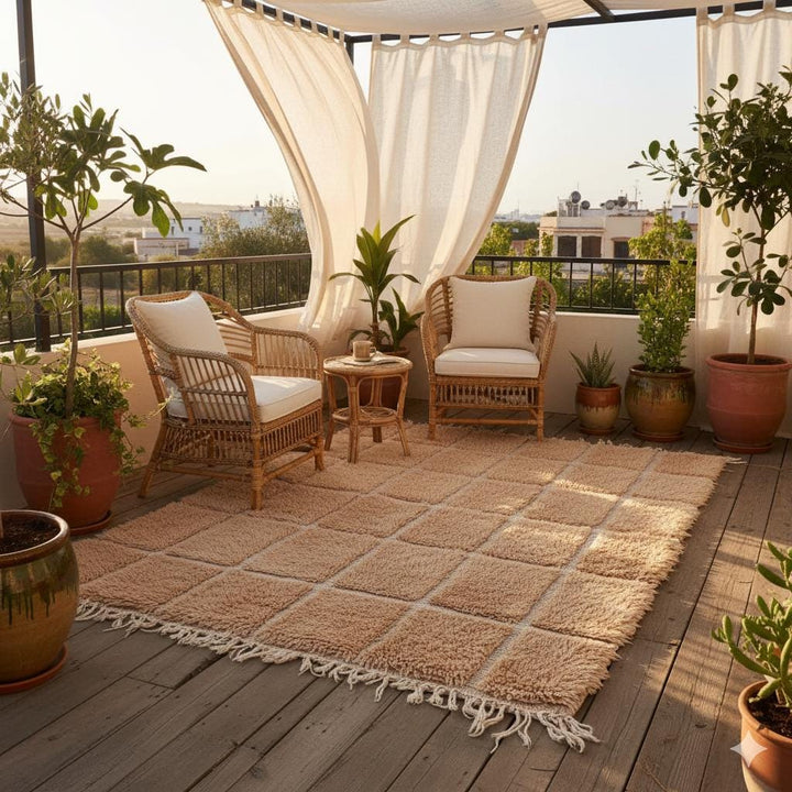 Translation missing: es.Modern shaggy checkered carpet with high-pile texture, neutral beige tones ideal for minimalist and boho home interiors