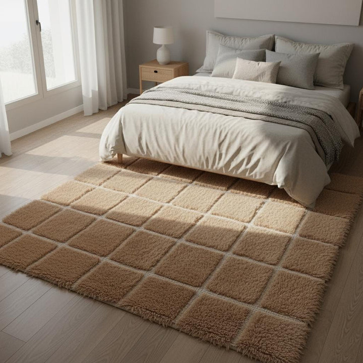 Translation missing: es.Soft plush Moroccan-style rug in beige and cream gradient with grid pattern, ultra-fluffy floor rug for cozy spaces