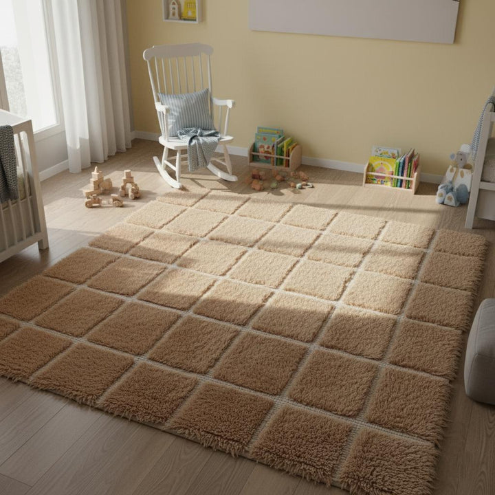 Translation missing: es.High-pile fluffy area rug with checkered design, neutral-toned indoor carpet suitable for living rooms and bedrooms