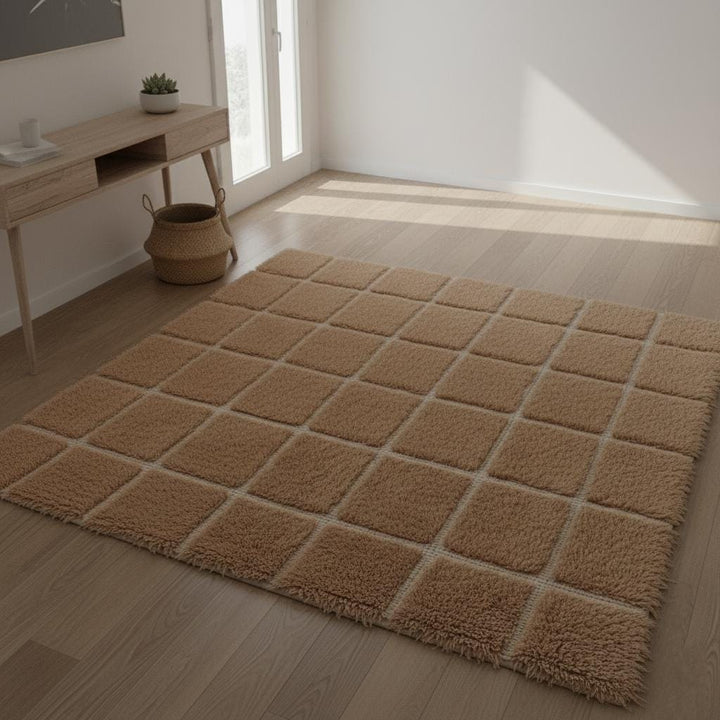 Translation missing: es.Plush Moroccan Shag Rug – Beige Cream Checkered Area Rug