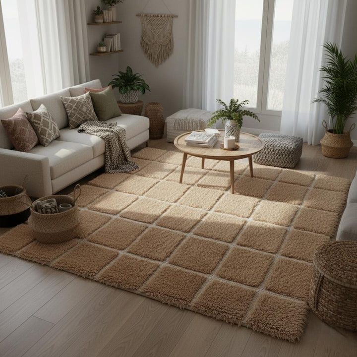Translation missing: es.Plush Moroccan Shag Rug – Beige Cream Checkered Area Rug