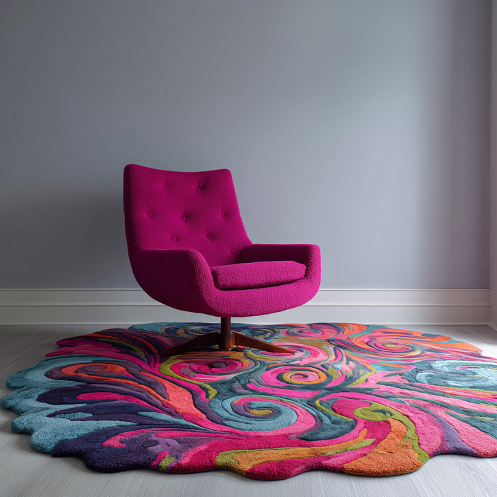 Translation missing: es.Psychedelic swirl rug with plush texture, wavy edges, vibrant colors, and unique hand tufted design