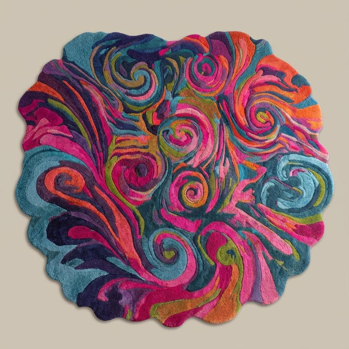 Translation missing: es.Hand tufted psychedelic swirl rug with wavy edges and vibrant colors for modern living rooms