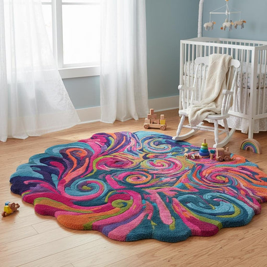 Translation missing: es.Hand tufted psychedelic swirl rug with wavy edge and plush texture in vibrant colors