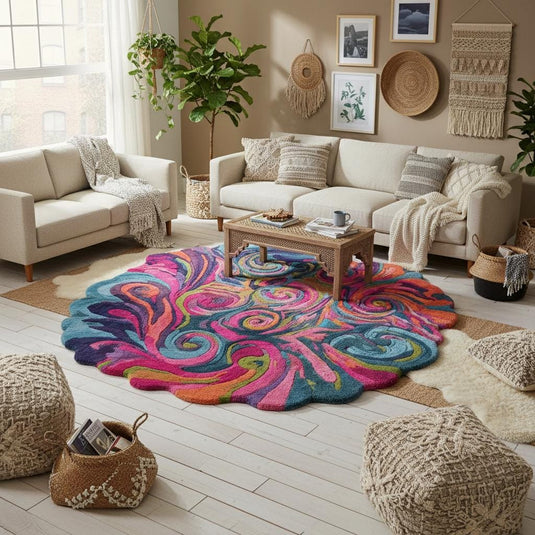 Translation missing: es.Colorful psychedelic swirl rug with wavy edges and plush texture