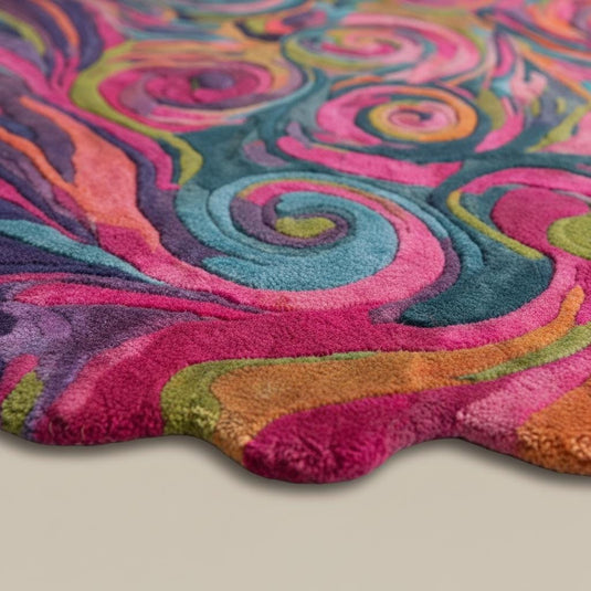 Translation missing: es.Colorful psychedelic swirl rug with plush texture and wavy edge hand tufted design