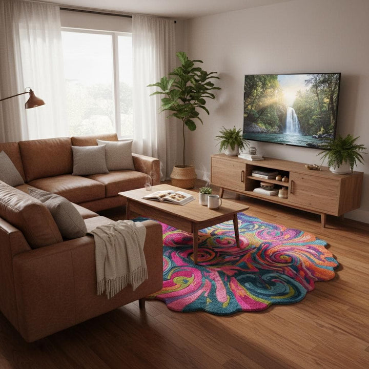 Translation missing: es.Hand tufted psychedelic swirl rug with plush texture and wavy edges in vibrant colors