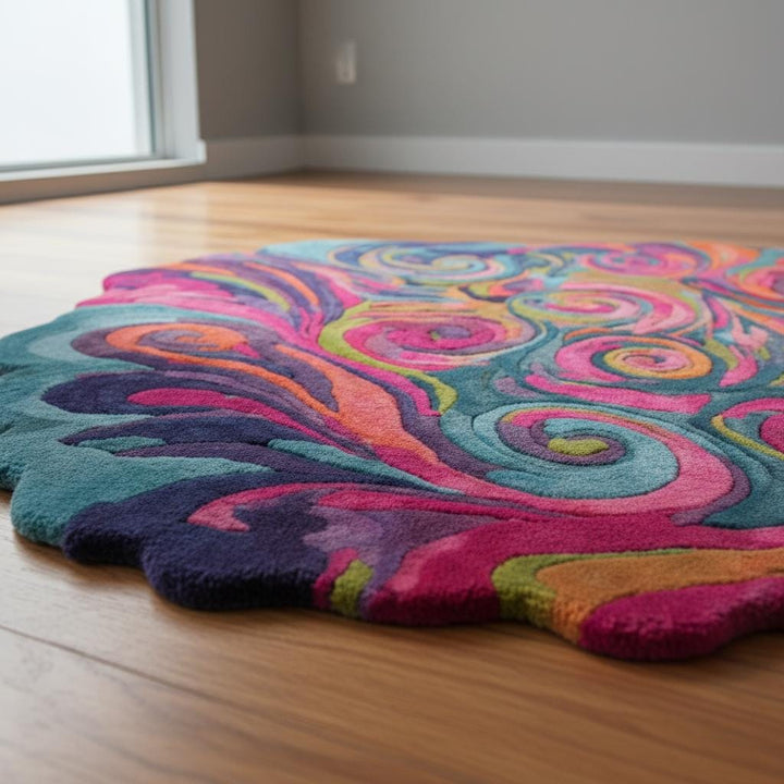 Translation missing: es.Hand tufted psychedelic swirl rug with wavy edges and plush texture in vibrant colors