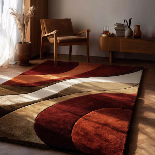Translation missing: en.Retro wave rug with 1970s geometric design in warm earthy tones, mid century 5x7 ft carpet for boho and eclectic decor