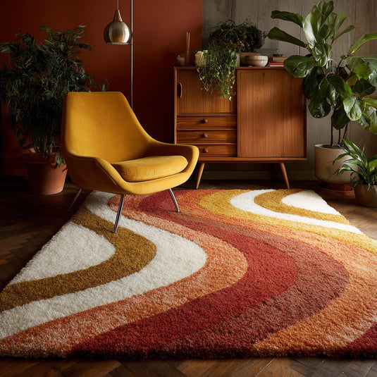 Translation missing: es.Retro 70s shag rug with mustard orange and rust cream wave pattern, plush mid-century modern style