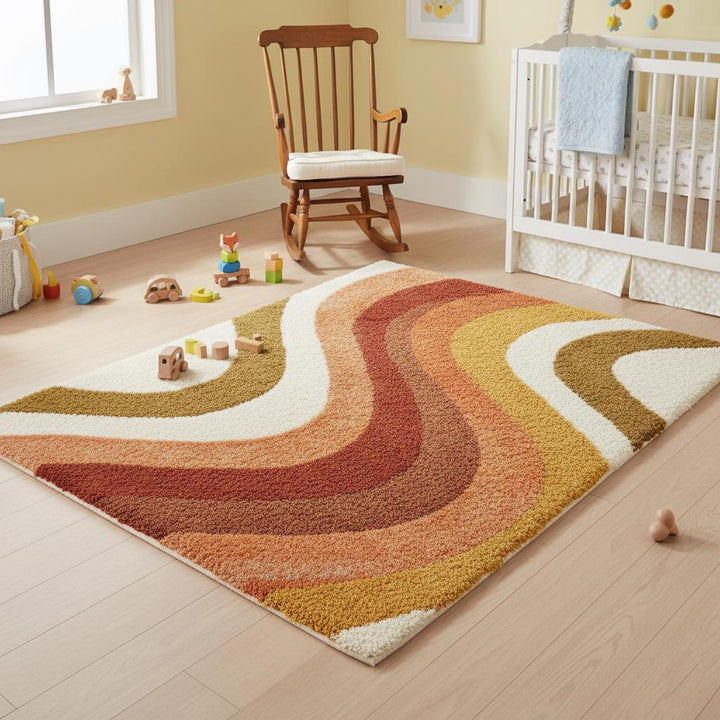 Translation missing: en.Retro 70s Shag Rug — Mid Century Modern Wool-Look Tufted Area Rug, Mustard Orange Rust Cream, Cozy Living Room Accent, Vintage Style Runner