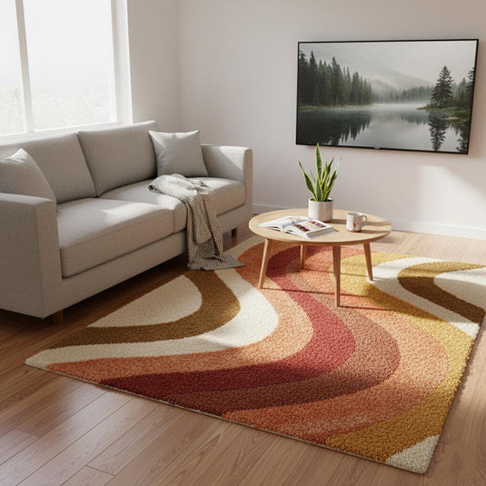 Translation missing: es.Retro 70s Shag Rug — Mid Century Modern Wool-Look Tufted Area Rug, Mustard Orange Rust Cream, Cozy Living Room Accent, Vintage Style Runner