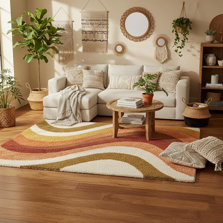 Translation missing: en.Retro 70s Shag Rug — Mid Century Modern Wool-Look Tufted Area Rug, Mustard Orange Rust Cream, Cozy Living Room Accent, Vintage Style Runner