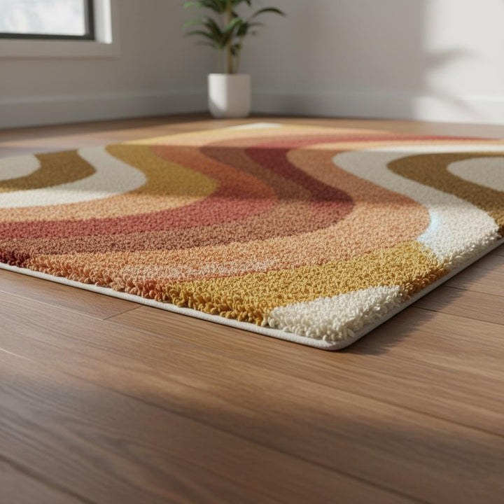 Translation missing: en.Retro 70s Shag Rug — Mid Century Modern Wool-Look Tufted Area Rug, Mustard Orange Rust Cream, Cozy Living Room Accent, Vintage Style Runner