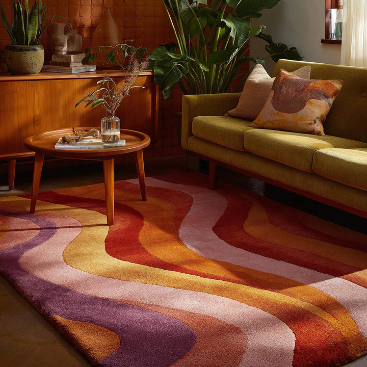 Translation missing: en.Retro 70s wavy rug with multicolor textured pile and sculpted wave design in warm tones