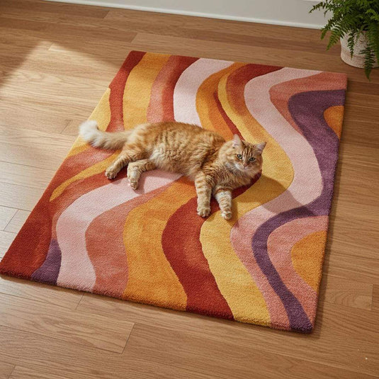 Translation missing: es.Retro 70s Wavy Area Rug: Multicolor Textured Pile, Mid-Century Modern Style